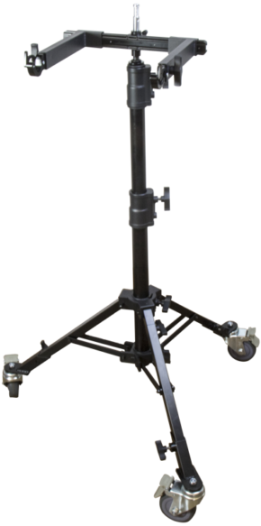 800q-01_122853 Kupo KS-259 Gimbals Docking Bracket on musta, säädettävä kolmella telapyörällä ja keskimmäisellä kiinnitystolpalla varustettu kolmijalkainen jalusta, joka on suunniteltu tukemaan kameroiden tai valojen kaltaisia laitteita.
