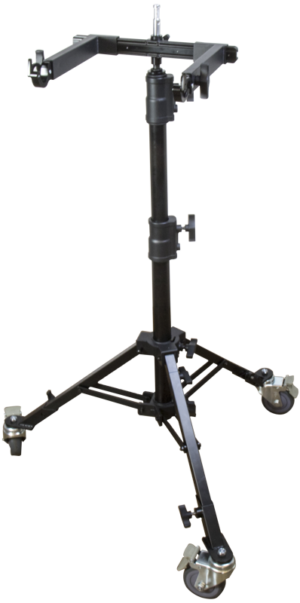 800q-01_122853 Kupo KS-259 Gimbals Docking Bracket on musta, säädettävä kolmella telapyörällä ja keskimmäisellä kiinnitystolpalla varustettu kolmijalkainen jalusta, joka on suunniteltu tukemaan kameroiden tai valojen kaltaisia laitteita.