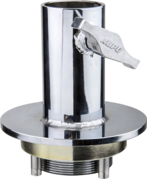 Kupo KS-260 Mitchell Round Mounting Plate and Receiver includes a polished metal trim, vertical cylindrical tube, round base with weld markings, side lever handle and threaded bottom for 1-1/2 inch installation.