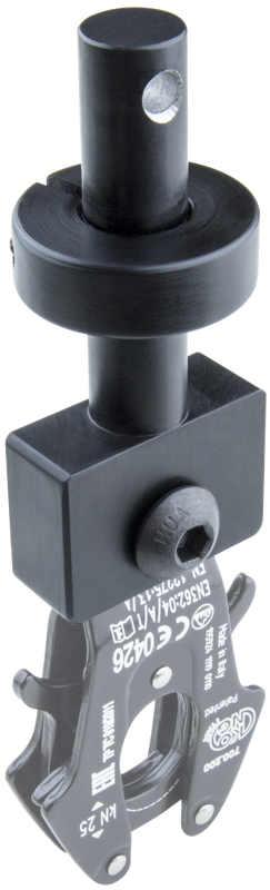 800q-01_122855 Close-up of the Kupo KS-261 Steadicam to Hand Held Camera Adapter, a black industrial component with metal parts, bolts and engraved labels, against a light background.