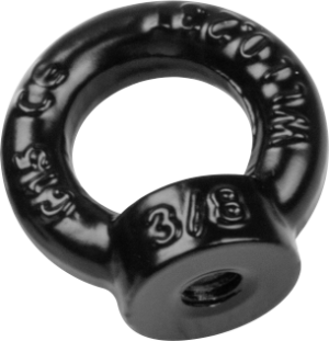 800q-01_122861 The Kupo KS-268 ring nut 3/8"-16 steel (black) has embossed text and a threaded hole in the bottom, designed to securely fasten to bolts or pins. Its black metallic round shape stands out against a light background.