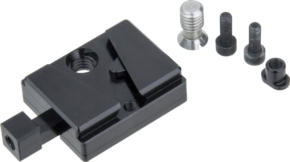 800q-01_122864 Kupo KS-271 V-Lock Base, black metal mounting plate with sliding clamp, shown with four screws and a small metal nut on a light coloured base.