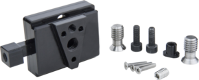 800q-01_122866 The Kupo KS-273 V-Lock Set, which includes a black metal mounting bracket with screw holes, is presented on a light-coloured background with screws, bolts and fasteners of various shapes and sizes.