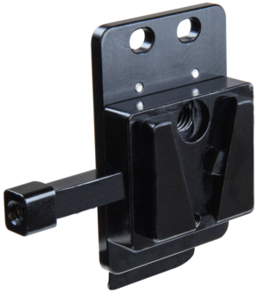 800q-01_122867 Kupo KS-274 V-Mount battery clip mounting plate with black rectangular metal base, two screw holes at the top and a protruding horizontal locking rail on the left side, insulated with a white base.