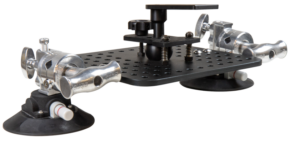 800q-01_122871 The Kupo KS-278 Cheese Plate Baby Adapter is a metal mounting plate with multiple holes and features two adjustable suction cups and clamps to hold appliances securely in place on smooth surfaces.