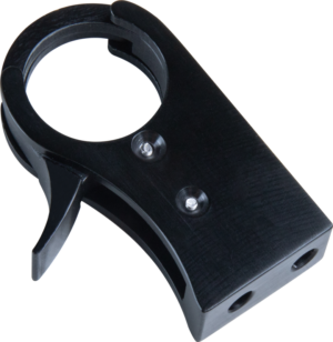 800q-01_122873 Close-up of the Kupo KS-280 Press Snap Clip, a black metal clamp with a circular opening, lever, two screw holes and 1/4"-20 internal thread for attachment to a pipe or rod.