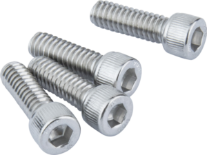 Neljä Kupo KS-294 1/4"-20 ruostumattomasta teräksestä valmistettua kuusiokoloruuvia (3/4", 4 kpl) on sijoitettu hajanaiseksi ryhmäksi vaalealle taustalle, jolloin niiden metalliset, harjalliset lieriömäiset päät ja näkyvä kierteitys tulevat esiin.