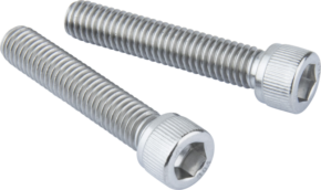 800q-01_122888 Kaksi Kupo KS-298 3/8"-16 ruostumattomasta teräksestä valmistettua kuusiokoloruuvia (50,8 mm, 2 kpl) on sijoitettu rinnakkain vaalealle taustalle.