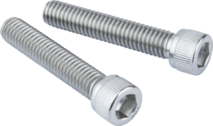 800q-01_122888 Kaksi Kupo KS-298 3/8"-16 ruostumattomasta teräksestä valmistettua kuusiokoloruuvia (50,8 mm, 2 kpl) on sijoitettu rinnakkain vaalealle taustalle.