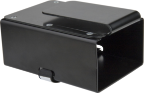 800q-01_122893 Kupo KS-306B Hard Drive Holder on musta, suorakulmainen metallikotelo, jossa on avoin etuosa, litteä yläosa, sivuhihna ja useita ruuveja, jotka kiinnittävät yläpaneelin päärakenteeseen.