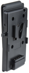 Kupo KS-314B V-Mount Battery Holder for Tethermate on musta muovinen laite, jossa on pidike, useita liittimiä ja nastoja, suorakulmainen muoto, pyöristetyt reunat, ruuvinreiät ja joka on nähtävissä takaa.
