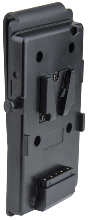 800q-01_122898 The Kupo KS-314B V-Mount Battery Holder for Tethermate is a black plastic device with holder, multiple connectors and pins, rectangular shape, rounded edges, screw holes and visible from the back.
