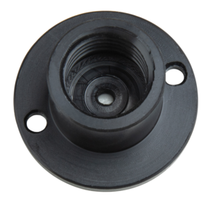 800q-01_122904 Kupo KS-327 Nylon E27 lamp holder is a black, round plastic part with a threaded hole in the middle and two smaller side holes designed for fixing or connecting. The product is illustrated against a plain white background.