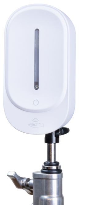 Kupo KS-350 Auto Hand Sanitizer Dispenser with Stand Top (16mm) Mounting is a white, wall-mounted unit with push button and sensor icon on the front, securely mounted on a metal stand.