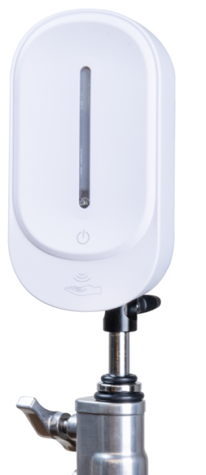 800q-01_122908 Kupo KS-350 Auto Hand Sanitizer Dispenser with Stand Top (16mm) Mounting is a white, wall-mounted unit with push button and sensor icon on the front, securely mounted on a metal stand.