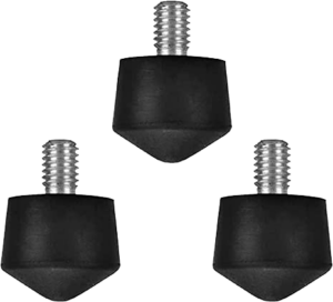 800q-01_122910 Set of three Kupo KS-360 Universal Rubber Feet Pads with 3/8"-16x13mm silver threaded stems arranged in a triangle on a white background.