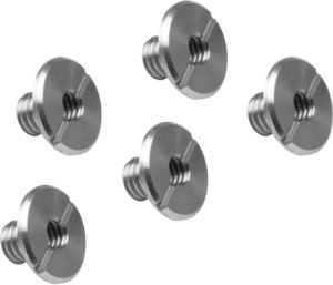 Viiden Kupo KS-361 Ruostumattomasta teräksestä valmistetun, uritetun 3/8"-16 mm:n ristipääruuvin sarja on järjestetty vaaleanharmaalle taustalle.