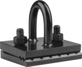 Kupo KS-377 Steel Pinch Clamp Tie-Down is a black clamp with two screws and nuts for fixing and securing cables or wires between two rectangular plates.