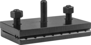 Kupo KS-378 Steel wide clamp with black rectangular metal body, three bolts and nuts at the top, 3/8"-16 male thread and grooved groove at the bottom.