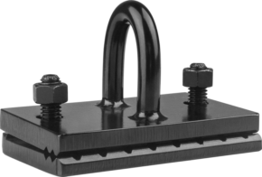 The Kupo KS-379 Wide Uni-body Pinch Clamp Die-down is a black metal clamp with U-bolt and two hex screws, designed for clamping earthing conductors. Its brushed base ensures a strong grip on surfaces.