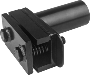 Close-up of the Kupo KS-382 steel single press with 1-1/2 inch trigger, showing its black metal body, cylindrical handle, rectangular jaw, visible bolts and internal spring mechanism.