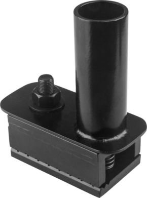 800q-01_122924 The Kupo KS-384 Steel Single Pinch Clamp With 1-1/4" Starter is a black metal clamp with a vertical cylindrical tube, a large bolt on a rectangular base and visible springs underneath. Set against a plain, light-colored background.