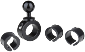 800q-01_122927 The KUPO KS-413 Aluminum Bar Mount features a black, ball-tipped bracket with three plastic spacers for adjustable mounting against a light-coloured background.