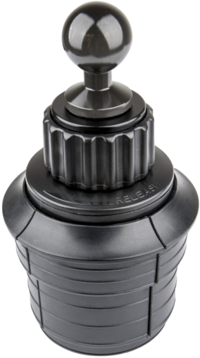 800q-01_122928 The KUPO KS-418 car cup holder is a black, cylindrical device with a grooved centre, a round knob at the top and a grooved dial near the top with the inscription RELEASE, shown against a plain light background.
