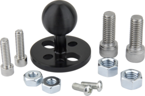 800q-01_122929 KUPO KS-419 Dia. 26mm Ball for Super Convi Clamp & Cheese Plate, a black metal clamping plate with ball joint, is featured on a light background along with a variety of screws, bolts and hex nuts.