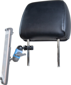 800q-01_122932 A KUPO KS-440 Dia. 26mm Ball Mount is attached to a 10-16mm car headrest bar and holds the tablet behind a black leather headrest.