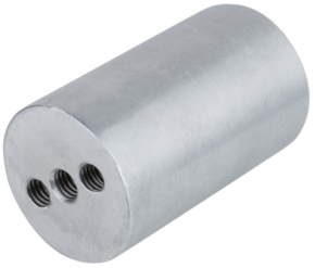 800q-01_122937 The KUPO KS-508 3" aluminium pipe has double 3/8" female threads and is shown as a cylindrical metal block with two threaded holes at one end against a white background.