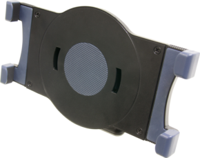 800q-01_122938 Close-up of the KUPO KS-510 Padmate tablet holder, an adjustable tablet holder for 7-10 inch devices made of black and grey plastic with a rotating centre, rubberised handles and a detachable arm with Baby Receiver.