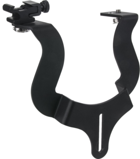 800q-01_122940 The KUPO KS-520 Padmate Bracket 1/4-20 is a black metal gimbal with a curved arm and adjustable mounting bracket designed to support cameras or binoculars on a tripod.