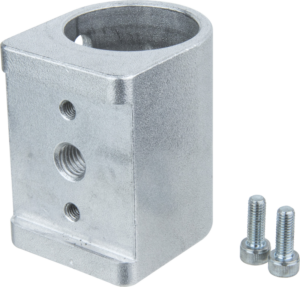 800q-01_122944 KUPO KS-529 Gas Spring Arm Adapter for Super Convi Clamp on metallinen suorakaiteen muotoinen kiinnike, jossa on suuri pyöreä yläaukko ja kaksi kierteitettyä reikää edessä.