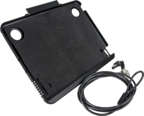 800q-01_122949 KUPO KS-550 Tablet Security Holder with Lock on musta kotelo, jossa on kaksi pyöreää aukkoa ja latausaukko, kuvassa lukolla varustetun teräskaapelin vieressä.