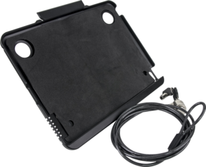 800q-01_122949 KUPO KS-550 Tablet Security Holder with Lock on musta kotelo, jossa on kaksi pyöreää aukkoa ja latausaukko, kuvassa lukolla varustetun teräskaapelin vieressä.