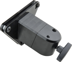 800q-01_122950 The KUPO KS-580 iMac Stand Mount Adapter features a black adjustable bracket with a rectangular base, two screws, a cylindrical hinge and a round knob at one end, shown against a light background.