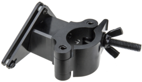 800q-01_122951 The KUPO KS-590 iMac Truss Mount Clamp is a black metal wing nut screw clamp with a rectangular base plate and mounting mechanism for securely mounting or adjusting equipment or components.