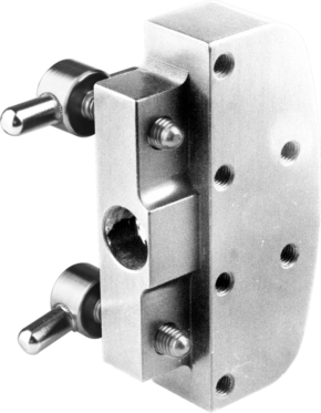800q-01_122956 Close-up of the KUPO KS-620 Hard Mount Female Block for Steadicam Zephyr, showing its smooth, reflective, precision-machined metal with multiple threaded holes, two knobbed metal pins and a central circular opening.