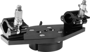 800q-01_122977 The KUPO KS-670 Euro Clamp to Pipe Mount is a black metal bracket with multiple holes and two cylindrical fasteners secured by a bolt and nut, designed for clamping or fixing parts of equipment or machinery.