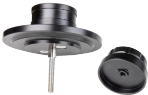 800q-01_122978 KUPO KS-671 Flat Base Tripod Adapter (150/100mm) with Euro Adapter is a black metal with round base, protruding threaded rod and matching grooved edge cap with white base.
