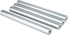 800q-01_122981 Five KUPO KS-679 camera lifting poles (22,86 cm, silver metal) are placed side by side on a light background, each with a small hole at one end.