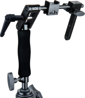 800q-01_123003 Close-up of the KUPO KS-707 Bridge Nucleus-M monitor and docking stand, a black metal handle with adjustment knobs and a padded grip designed for stabilising and securing camera equipment.
