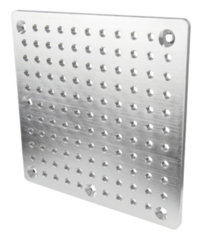 800q-01_123031 Kupo KS-1212 12 "x12" Square Cheese Plate (aluminum) is a metal plate with a brushed finish, evenly spaced round holes and four larger holes near each corner.