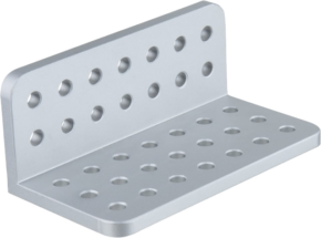 800q-01_123036 Kupo KS-3139L Midi L-Cheese Plate (3,1" x 3,9") on hopeinen metallikannatin, jossa on useita 3/8" ja 1/4" reikiä molemmilla tasoilla, ihanteellinen asennukseen tai rakenteelliseen tukeen.