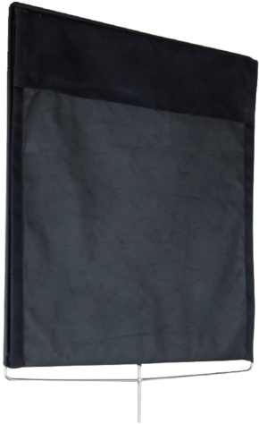 800q-01_123104 Kupo KT-4848TF 48 "x48" Top Hinge Floopy Full Frame Black -lippu näkyy mustana suorakulmaisena lippuna ohuella hopeisella tolpalla valkoista taustaa vasten.
