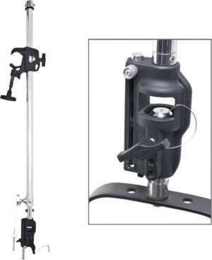 800q-01_123106 Kupo KTHU-0408 The telescopic sling with universal head (120~240cm) is shown in full size and close-up, highlighting its adjustable clamps, tension knob and hinge locking pin.