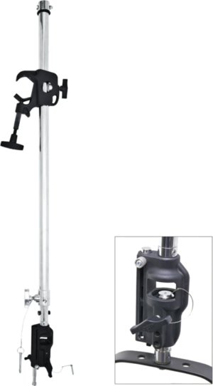 800q-01_123108 Kupo KTHU-0712 The telescopic pendant with universal head (210-350 cm) is shown in silver metal with black adjustable fasteners and features both a full length and close-up of the fastening mechanism.