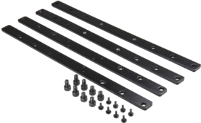 800q-01_123610 The KUPO KS-534 VESA Mounting Adapter 75/100 - 200/300/400 contains four long, flat black metal rods with several holes and two rows of various small black screws and bolts neatly arranged on a light background.