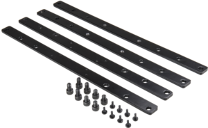 800q-01_123610 The KUPO KS-534 VESA Mounting Adapter 75/100 - 200/300/400 contains four long, flat black metal rods with several holes and two rows of various small black screws and bolts neatly arranged on a light background.